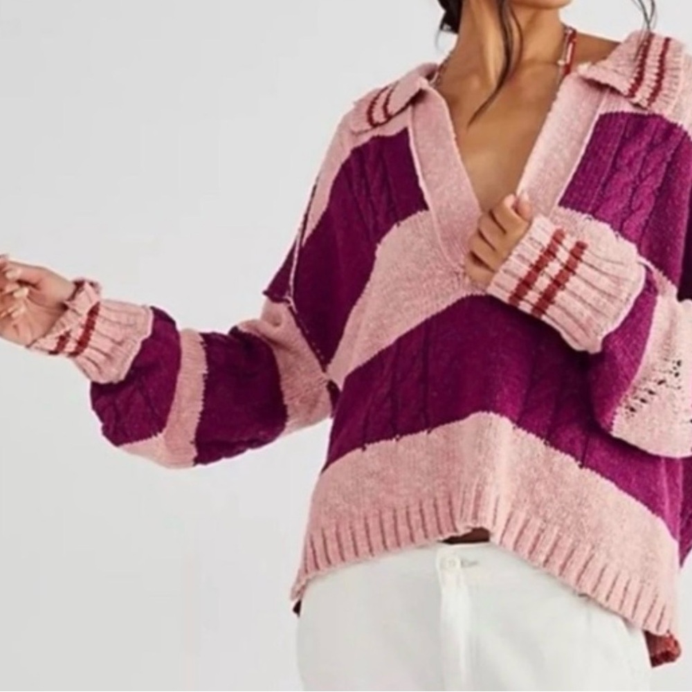 Free People Pembrook Striped V-Neck Sweater in Pink & Plum